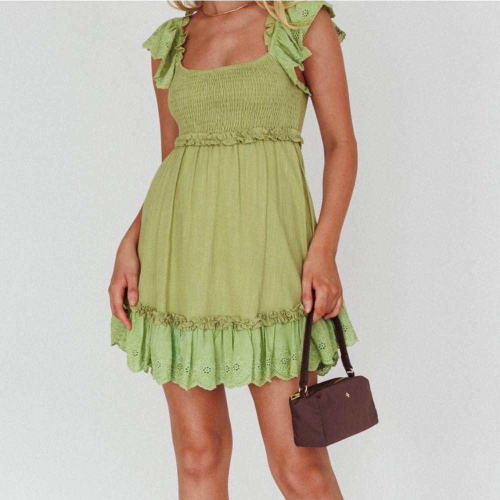 Selfie Leslie Sage Green Smocked Mini Dress with Eyelet Ruffle